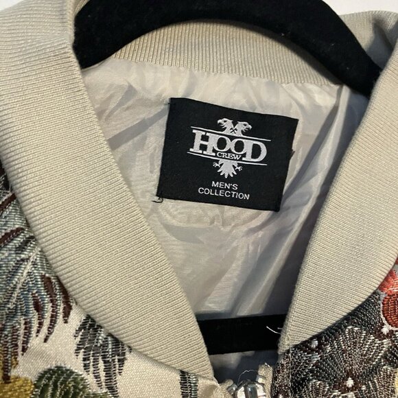 Hood Crew Bomber Jacket Mens Satin Embroidered Floral Bird Full Zip - Picture 4 of 7